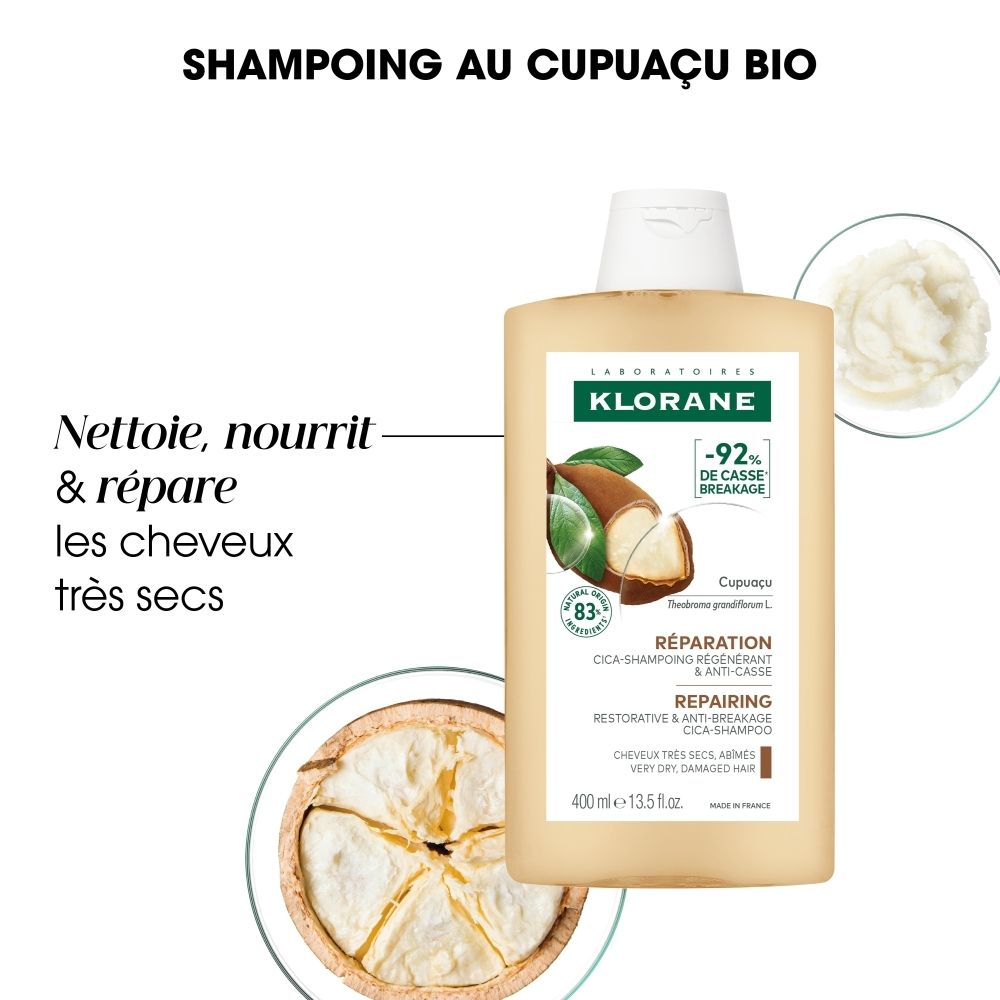 Flacon de shampooing Klorane avec motif Cupuacu et 83% d'ingrédients d'origine naturelle.