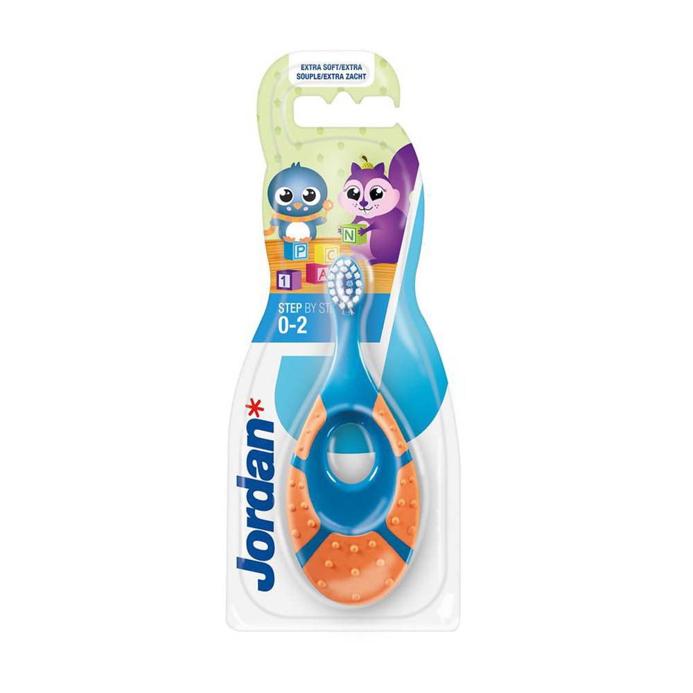 Zahnbürste für Kinder 0-2 Jahre, blau-orange. Verpackt in Blister. Griff mit Loch. Weiche Borsten. Marke Jordan.