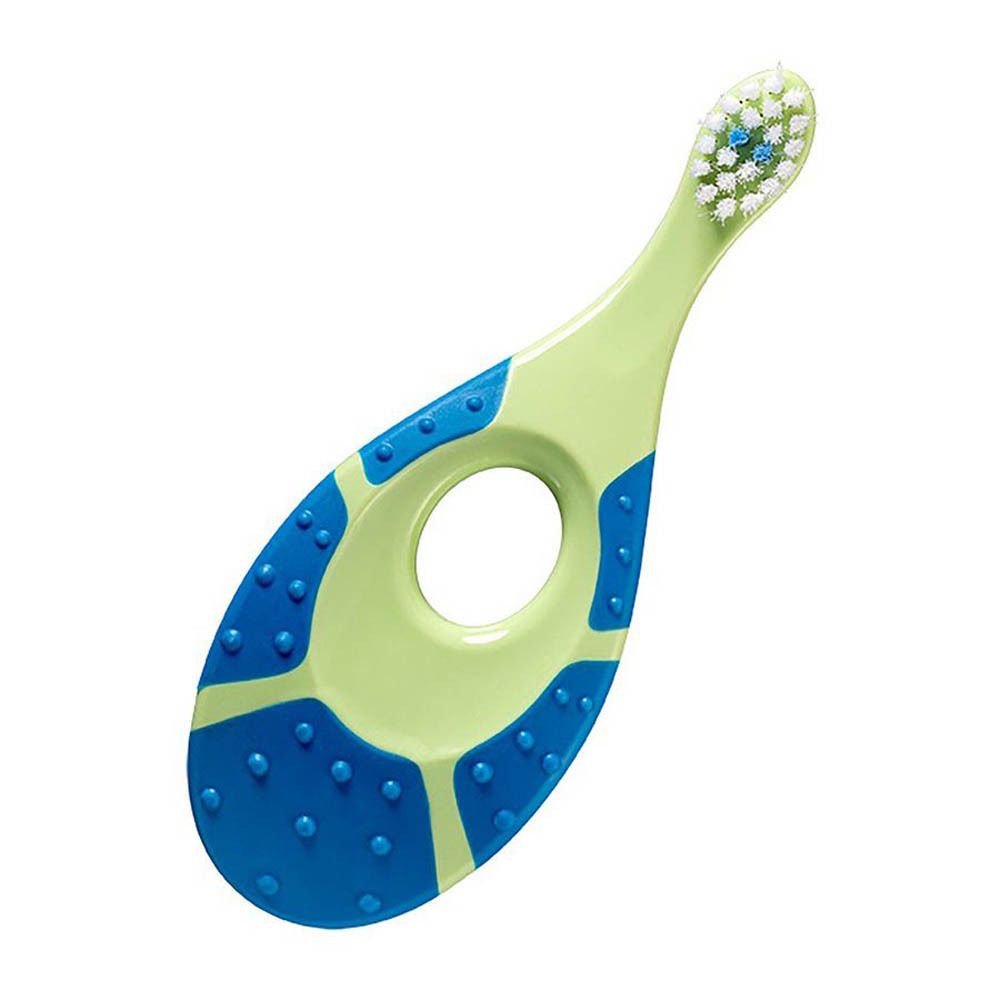 Zahnbürste, grün-blau. Griff mit Loch. Weiche Borsten. Für Kinder. Perspektivische Ansicht.