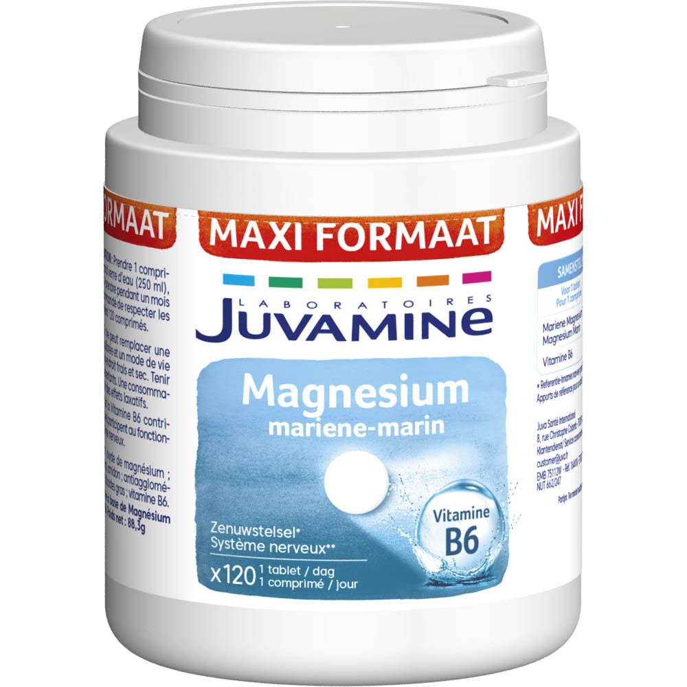 Weißer Juvamine-Behälter mit blauer Aufschrift. Enthält Magnesium und Vitamin B6. Aufschrift: Maxi Formaat, 120 Tabletten.