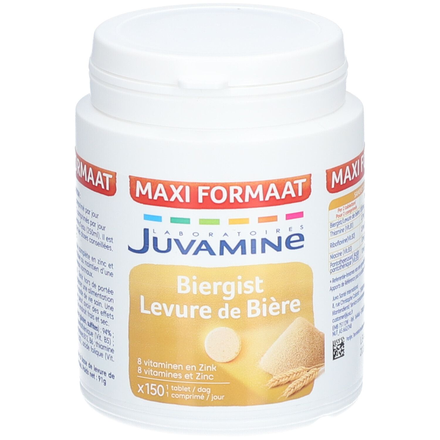 Boîte blanche Juvamine Levure de Bière. Inscription: Maxi Formaat, Biergist Levure de Bière, 150 comprimés. Contient zinc et vitamines.