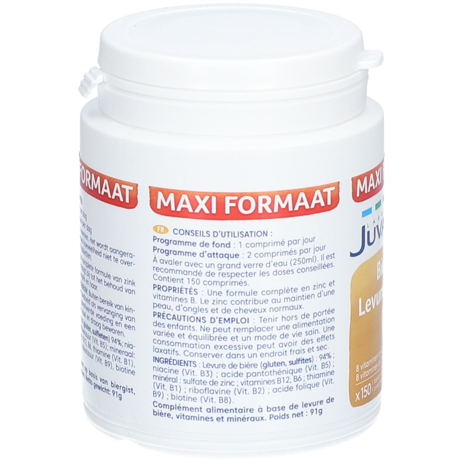 Dos de la boîte blanche avec informations sur Juvamine Levure de Bière. Contient ingrédients, conseils d'utilisation et précautions.