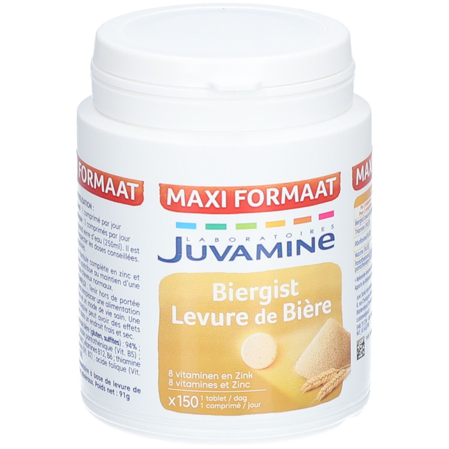 Boîte blanche Juvamine Levure de Bière. Inscription: Maxi Formaat, Biergist Levure de Bière, 150 comprimés. Contient zinc et vitamines.