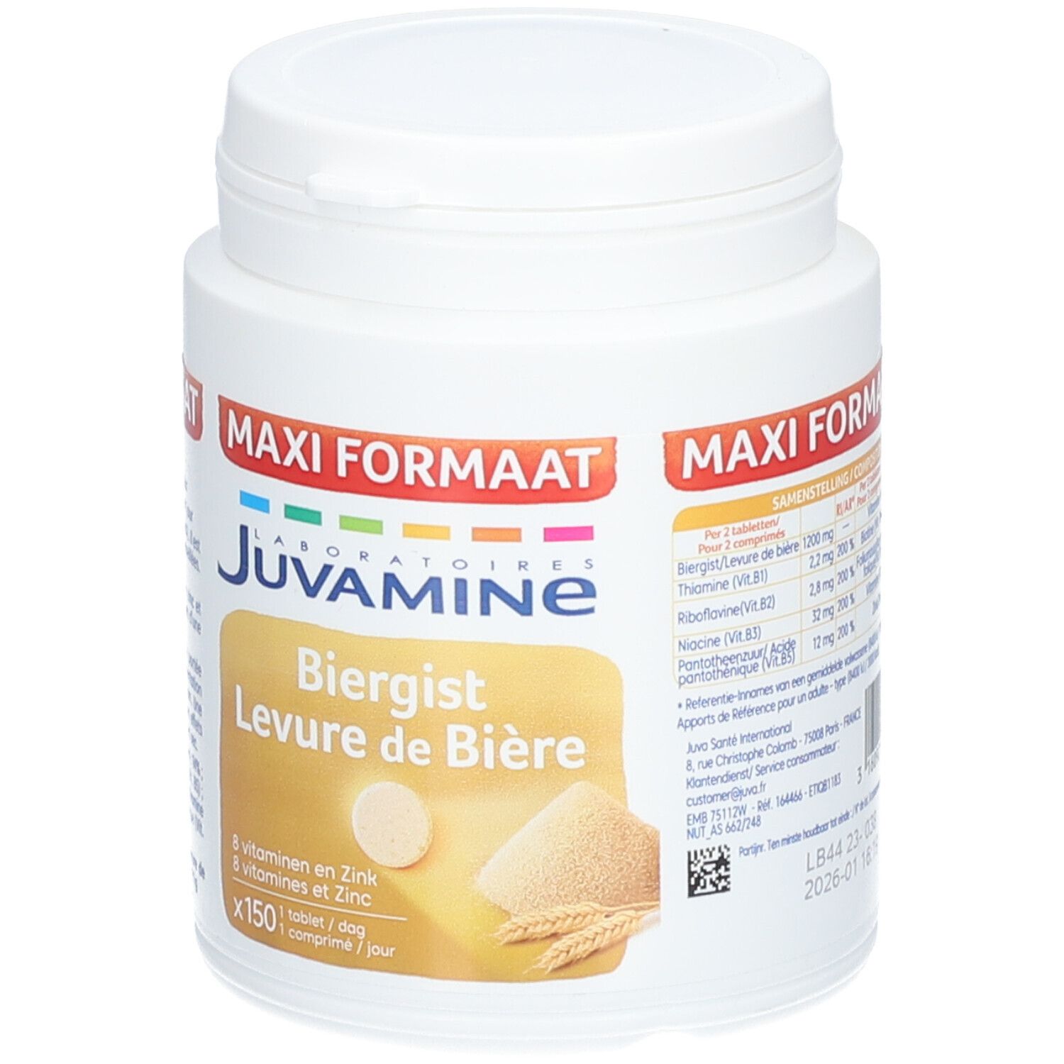 Boîte blanche Juvamine Levure de Bière. Inscription: Maxi Formaat, Biergist Levure de Bière, 150 comprimés. Contient zinc et vitamines.