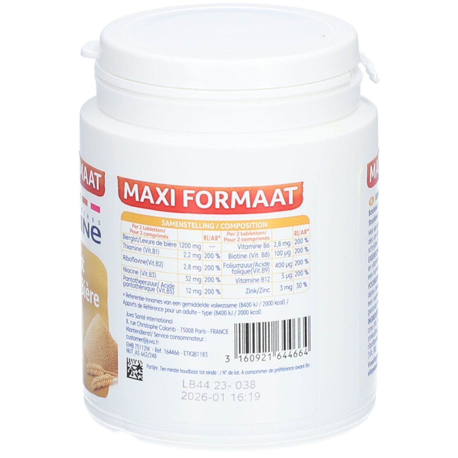 Dos de la boîte blanche avec informations sur Juvamine Levure de Bière. Contient ingrédients, conseils d'utilisation et précautions.