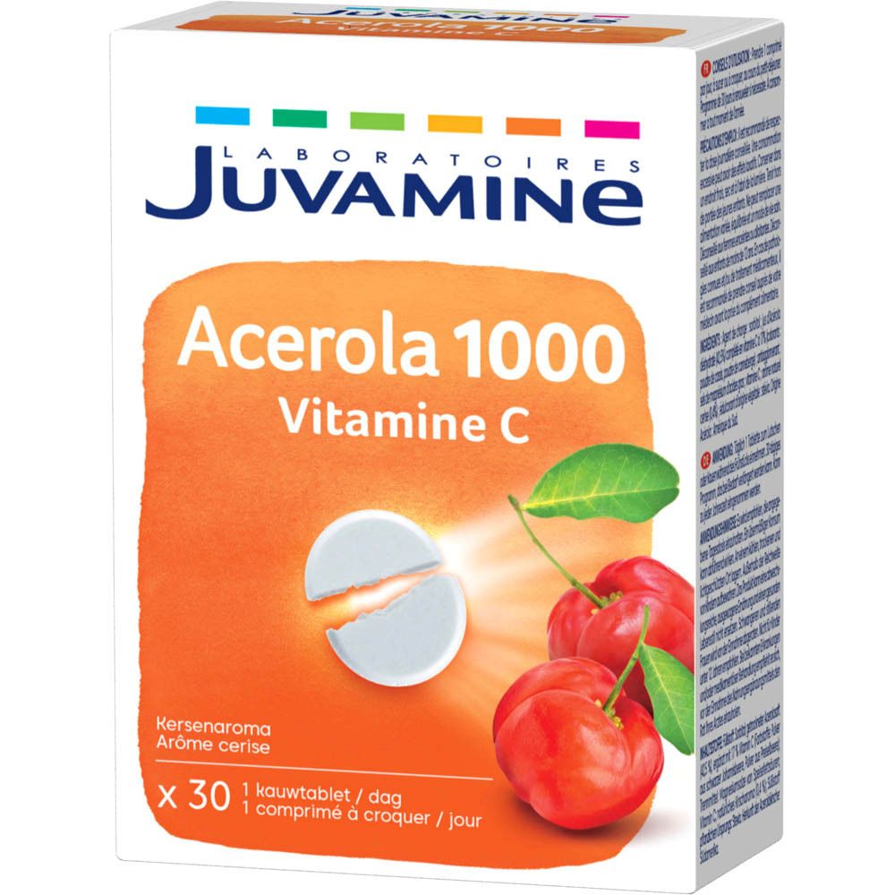 Weißer Karton mit Produktnamen und Kirschen. Enthält Acerola 1000 Vitamin C. 30 Tabletten. Kirschgeschmack.