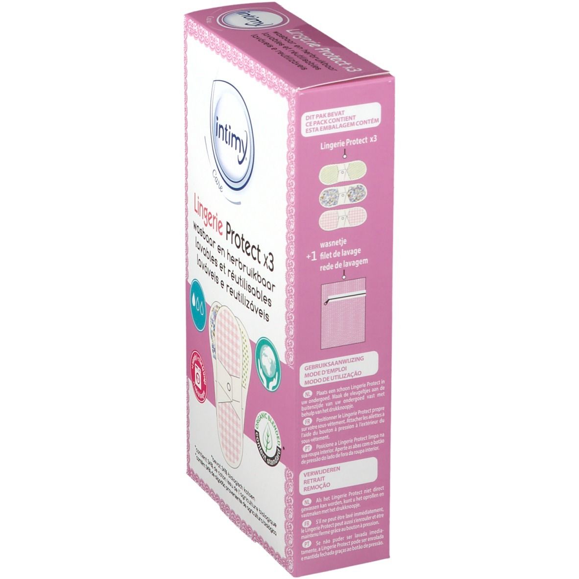 Seitenansicht der Verpackung mit 3 waschbaren Intimy Care Lingerie Protect Einlagen.