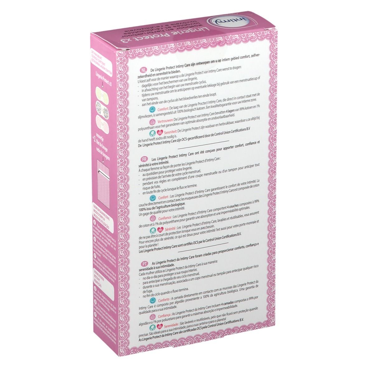 Rückseite der Verpackung mit Informationen zu 3 waschbaren Intimy Care Lingerie Protect Einlagen.