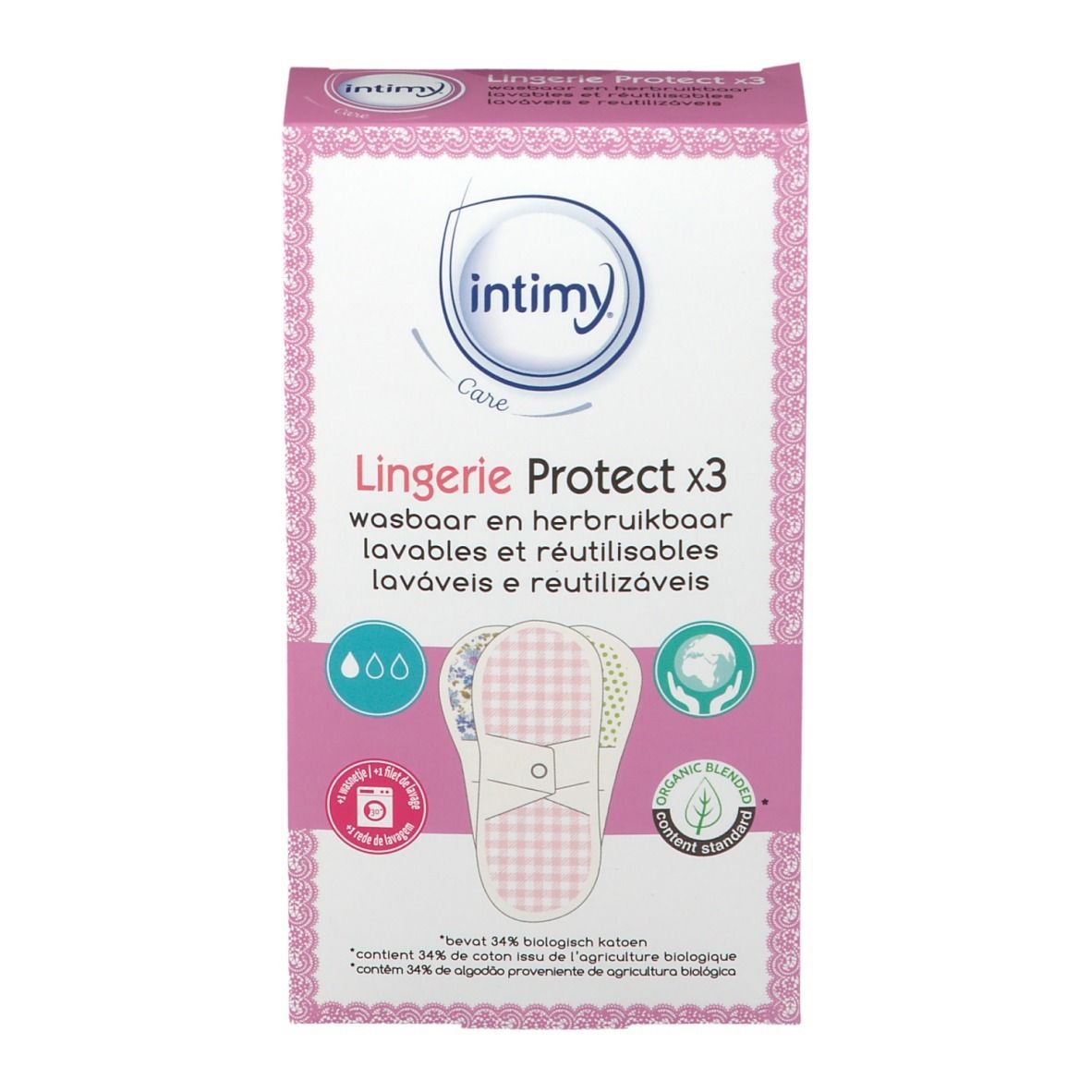 Verpackung mit 3 waschbaren und wiederverwendbaren Intimy Care Lingerie Protect Einlagen.