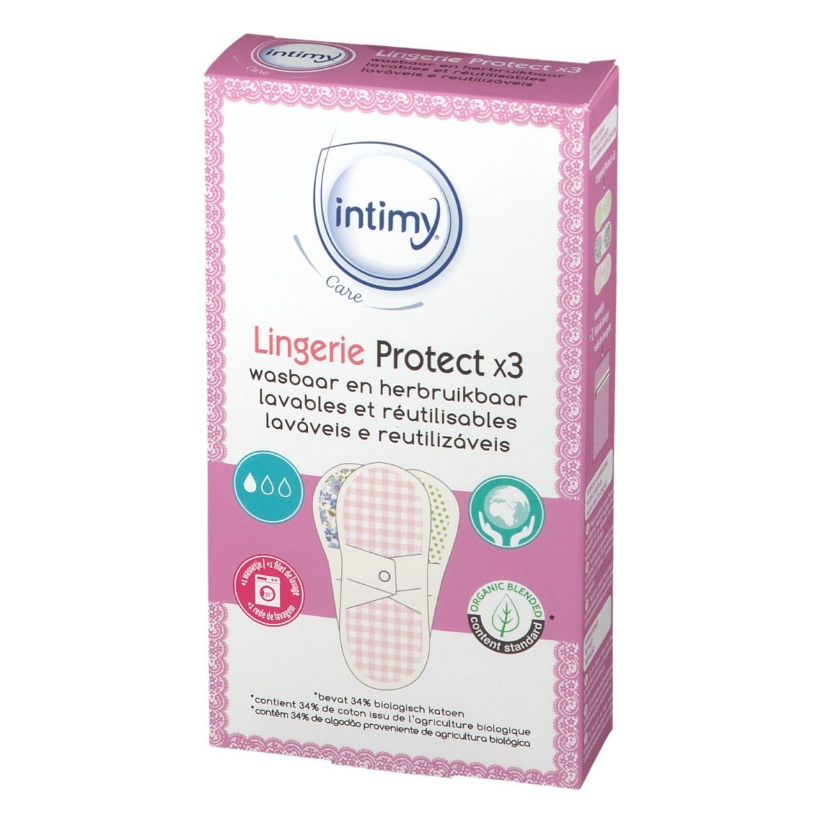 Verpackung mit 3 waschbaren und wiederverwendbaren Intimy Care Lingerie Protect Einlagen.