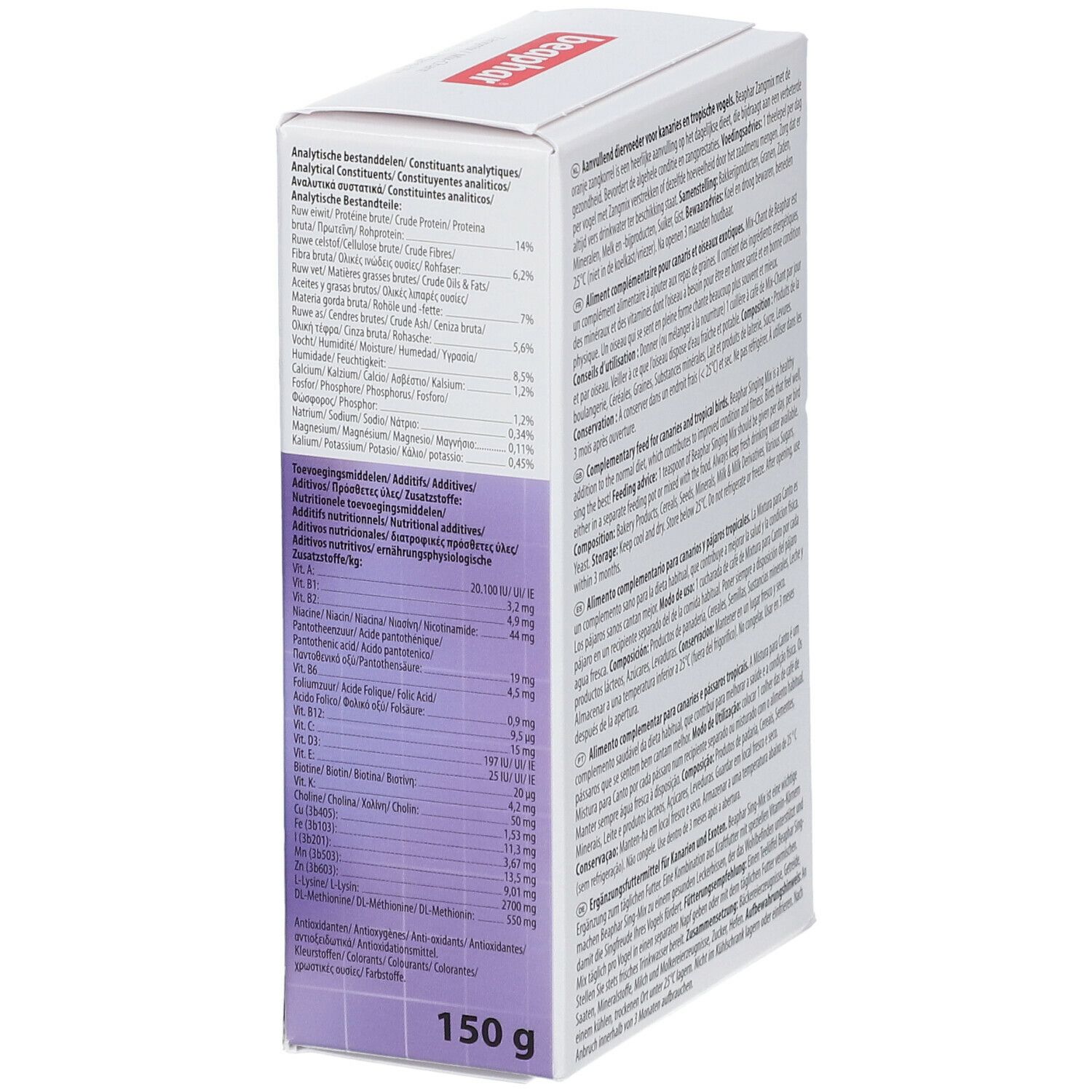 Boîte Beaphar Sing-Mix. Détail des ingrédients et informations nutritionnelles. Indique un poids de 150 g.