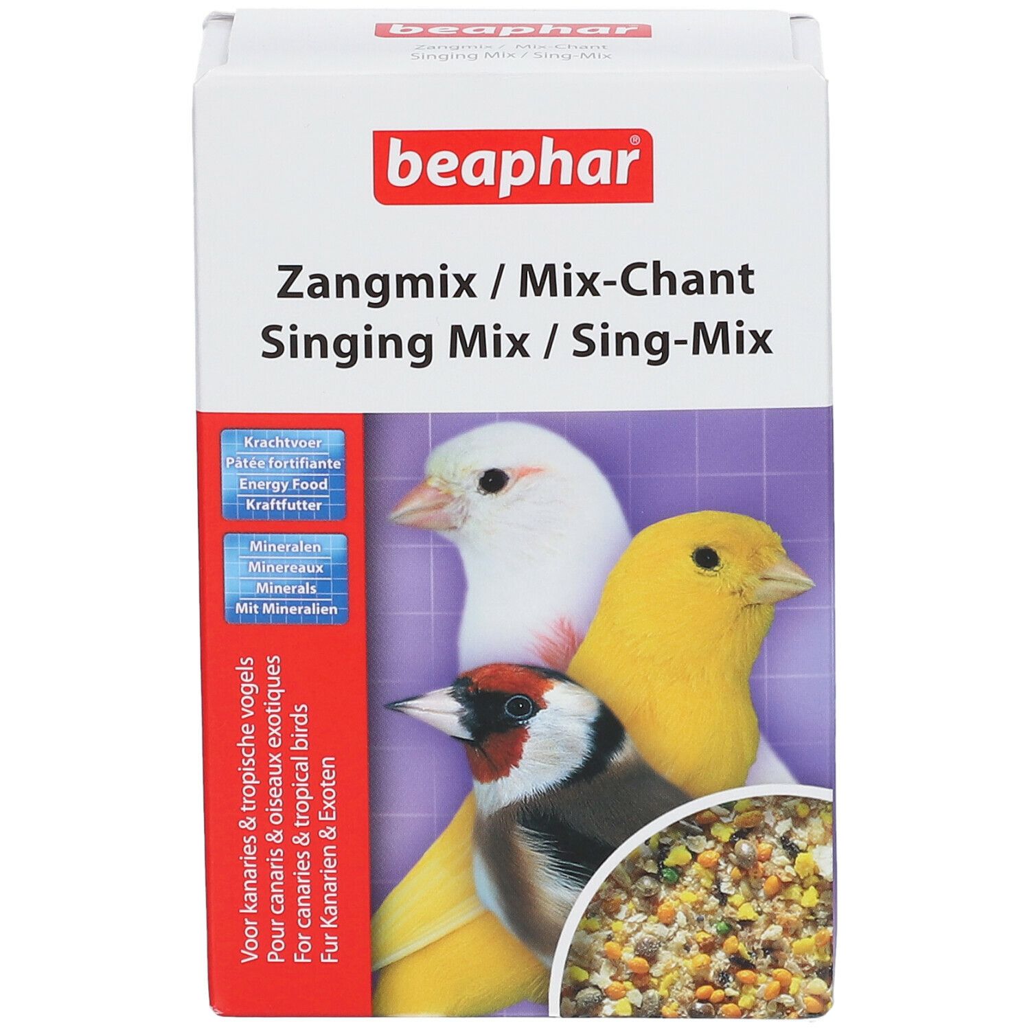 Boîte Beaphar Sing-Mix. Face avant avec nom du produit et illustrations d'oiseaux et de nourriture.