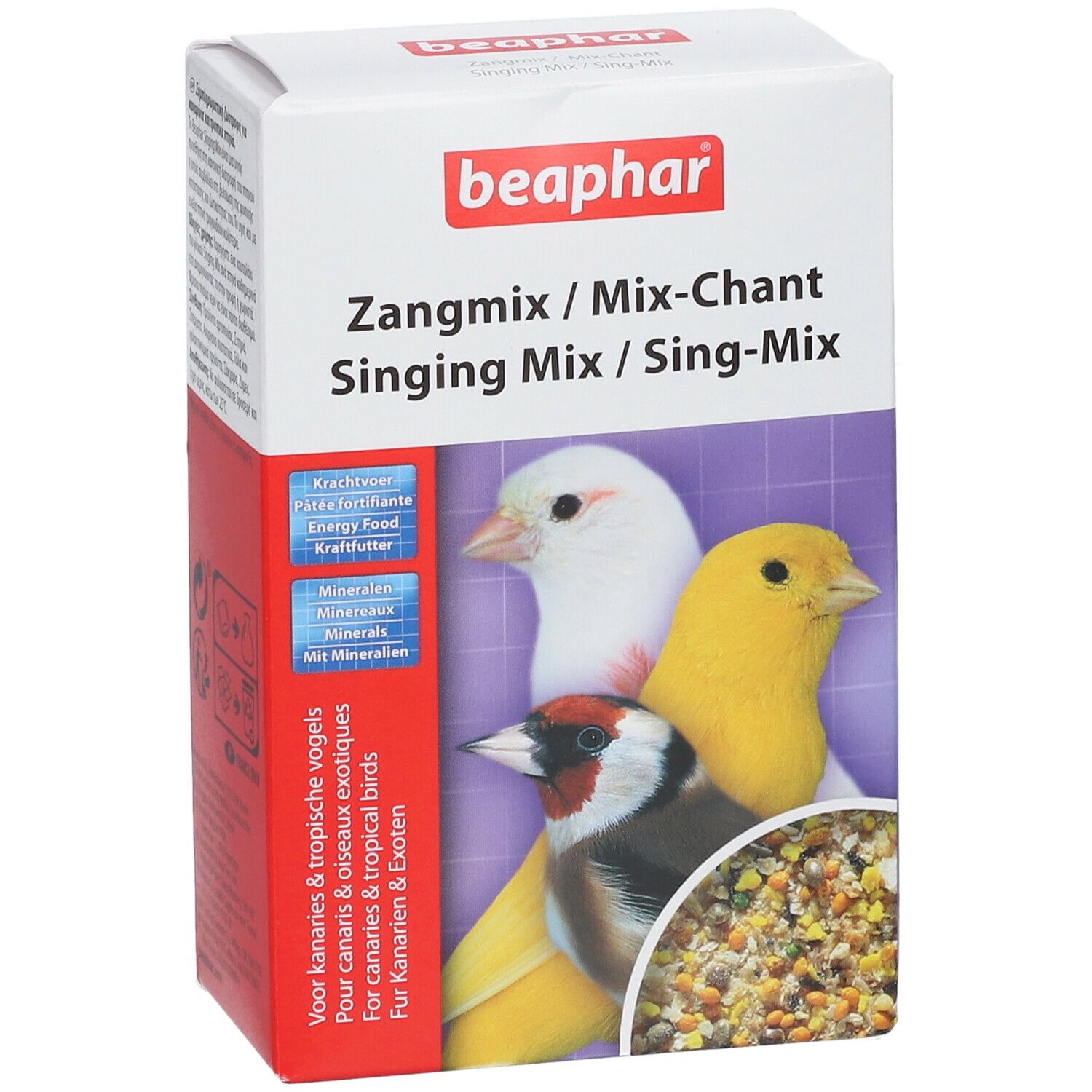 Boîte Beaphar Sing-Mix. Vue de face avec nom du produit et illustrations d'oiseaux et de nourriture.