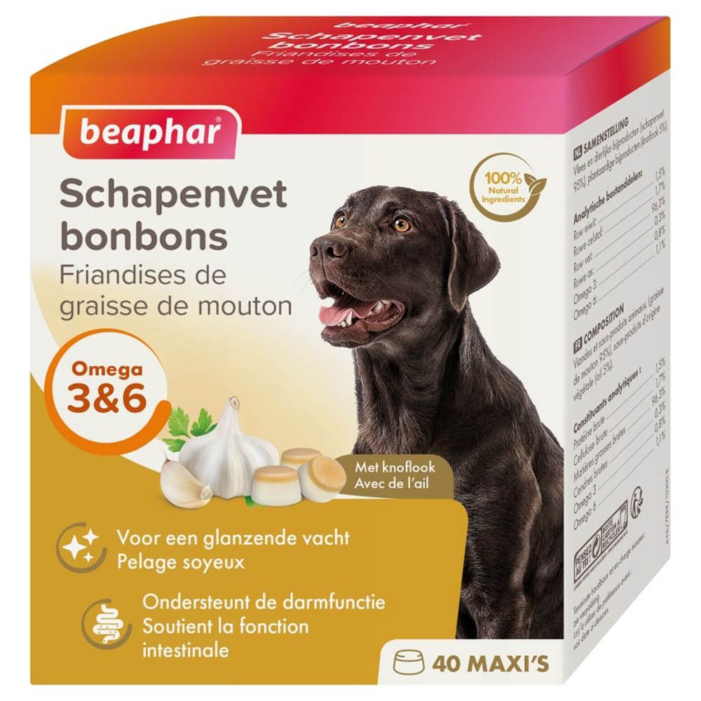 Boîte de friandises Beaphar. Contient de la graisse de mouton, de l'ail et Omega 3&6. Image d'un chien.