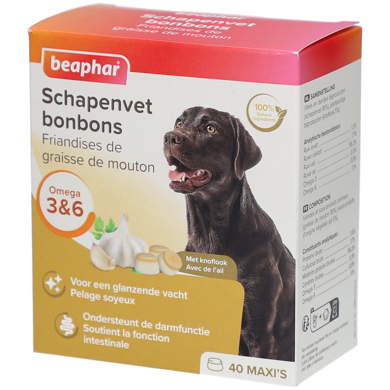 Beaphar Schapenvet bonbons. Verpackung mit Hund, Knoblauch und Produktinformationen. Enthält Omega 3&6.