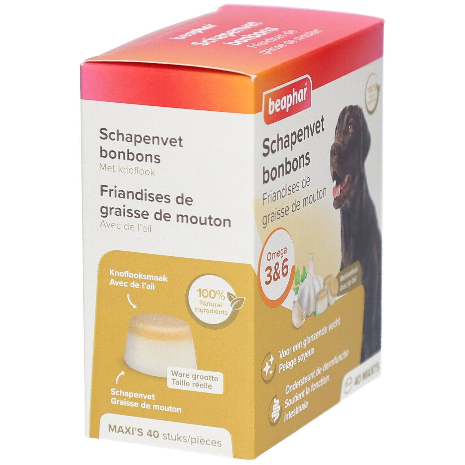 Beaphar Schapenvet bonbons Verpackung. Produkt mit Knoblauchgeschmack. Enthält 40 Stück. Mit Hund.
