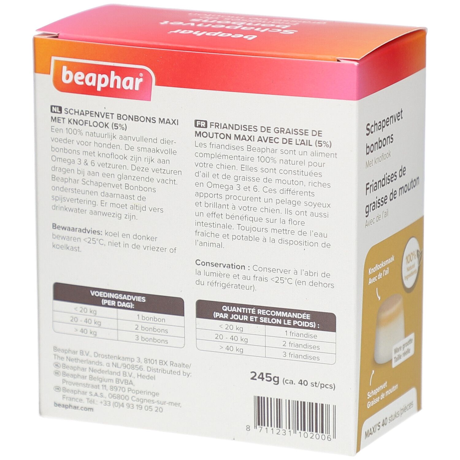 Rückseite der Beaphar Schapenvet bonbons Verpackung. Enthält Produktinformationen und Inhaltsstoffe.