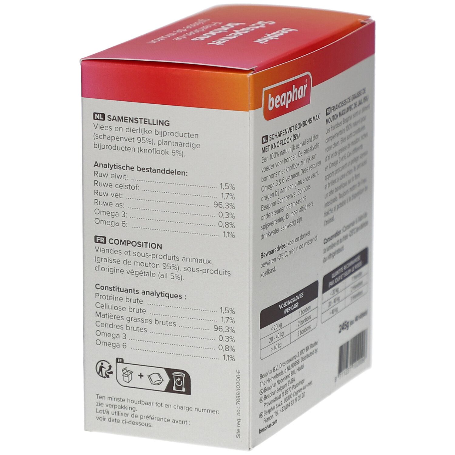 Seite der Beaphar Schapenvet bonbons Verpackung. Enthält Inhaltsstoffe und analytische Bestandteile.