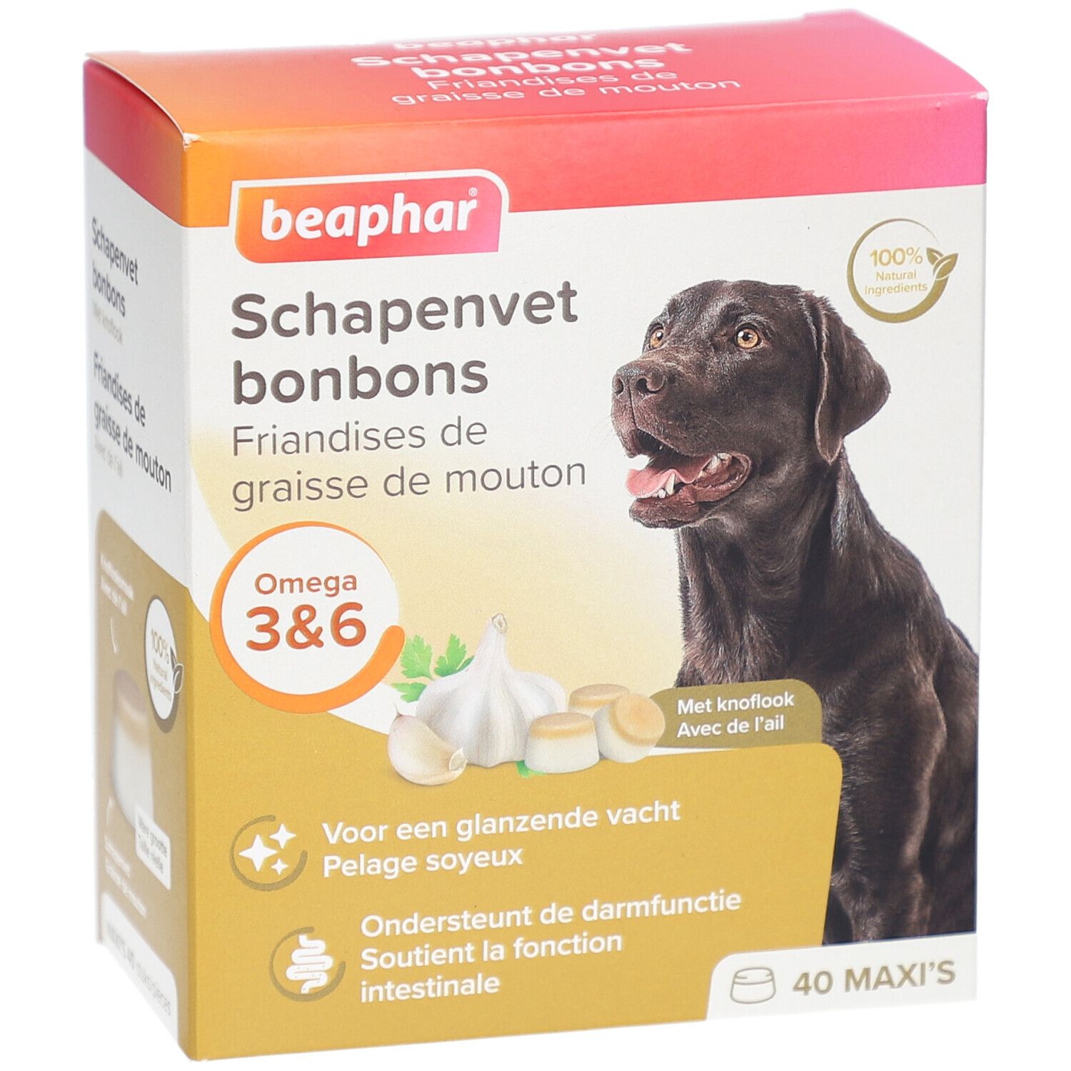 Beaphar Schapenvet bonbons Verpackung. Mit Hund, Knoblauch und Produktinformationen. Enthält Omega 3&6.