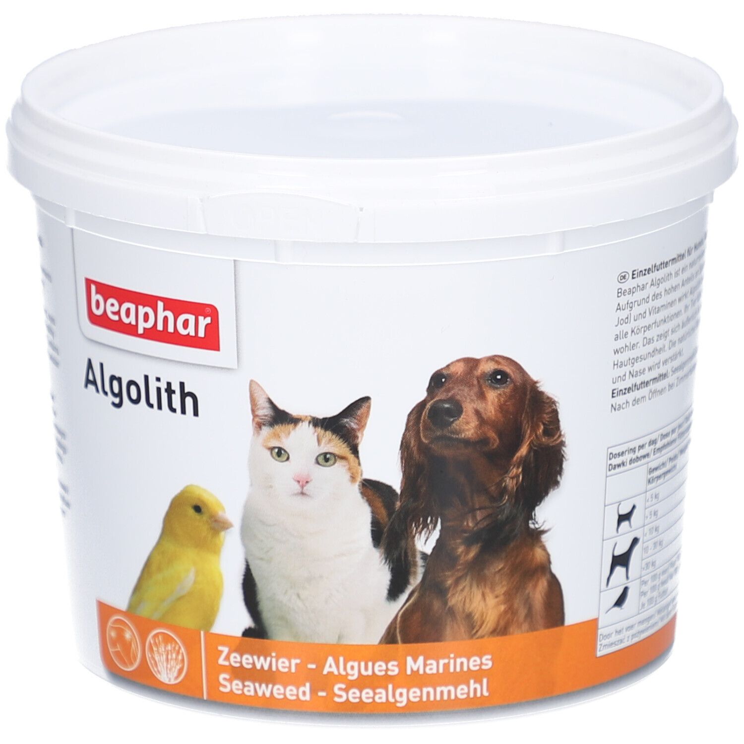 Weißer Eimer mit Deckel. Aufdruck: Beaphar Algolith, Abbildung von Vogel, Katze und Hund. Text: Zeewier, Algues Marines, Seelgenmehl.