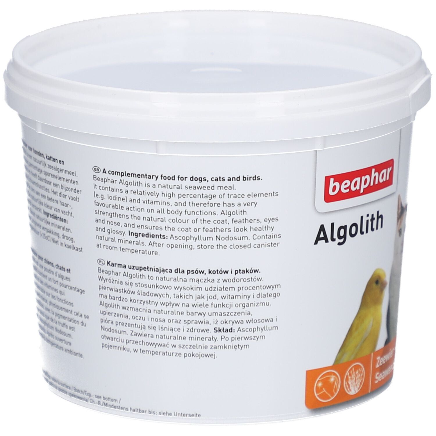 Weißer Eimer mit Deckel. Aufdruck: Beaphar Algolith, Text auf Englisch, Deutsch, Niederländisch und Polnisch. Rückseite mit Text.