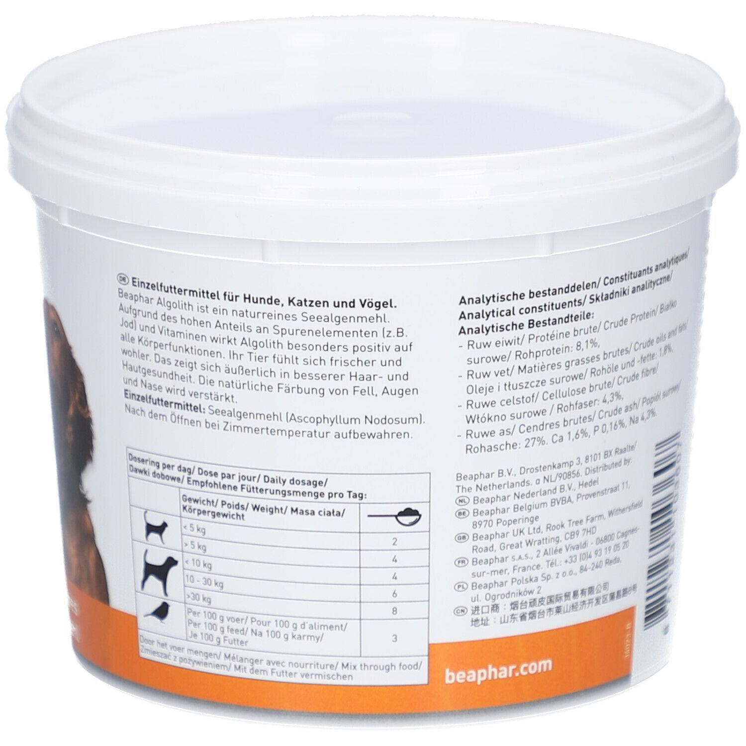 Weißer Eimer mit Deckel. Aufdruck: Beaphar Algolith, Text auf Englisch, Deutsch, Niederländisch und Polnisch. Rückseite mit Text.