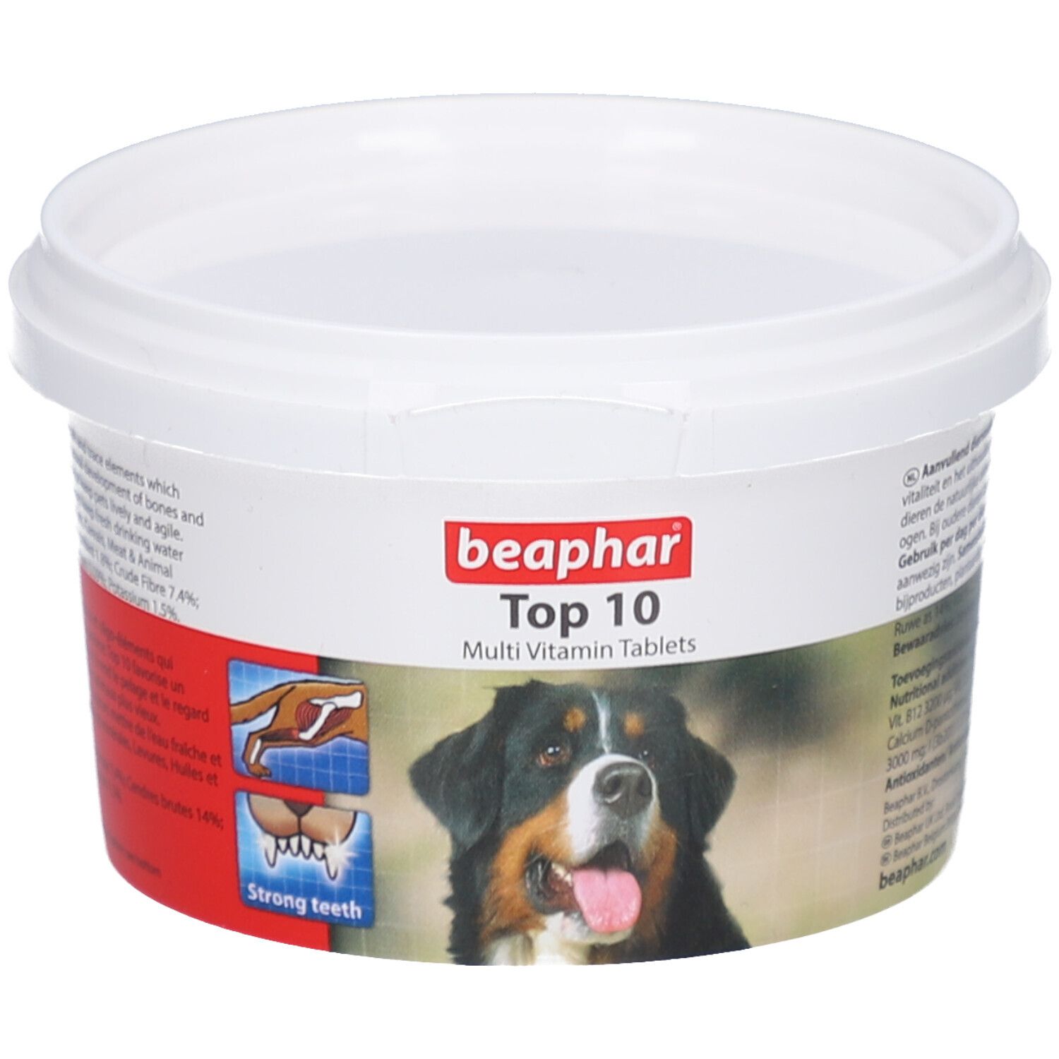 Weißer Behälter mit Deckel. Aufschrift: Beaphar Top 10 Multi Vitamin Tablets. Bild eines Hundes.