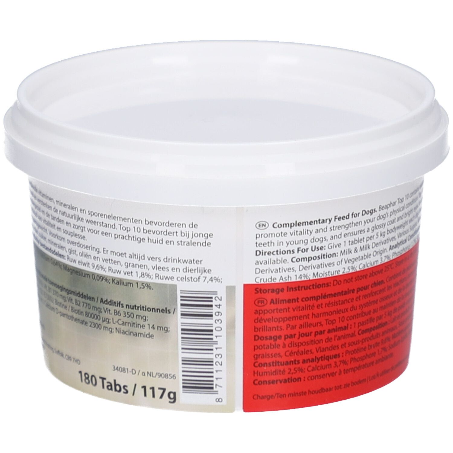 Weißer Behälter mit Deckel. Aufschrift: 180 Tabs / 117g. Enthält Informationen über das Produkt.