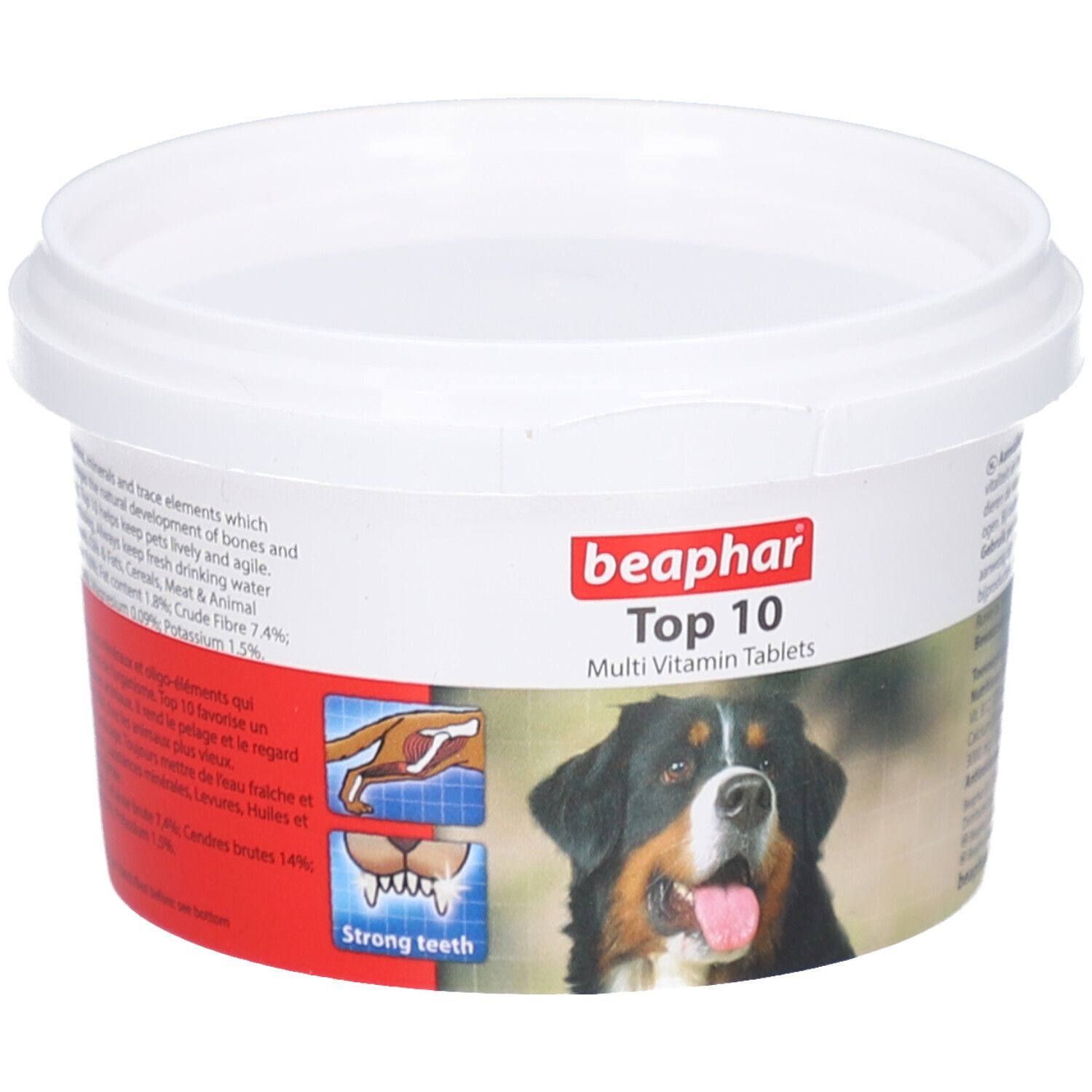 Weißer Behälter mit Deckel. Aufschrift: Beaphar Top 10 Multi Vitamin Tablets. Bild eines Hundes.