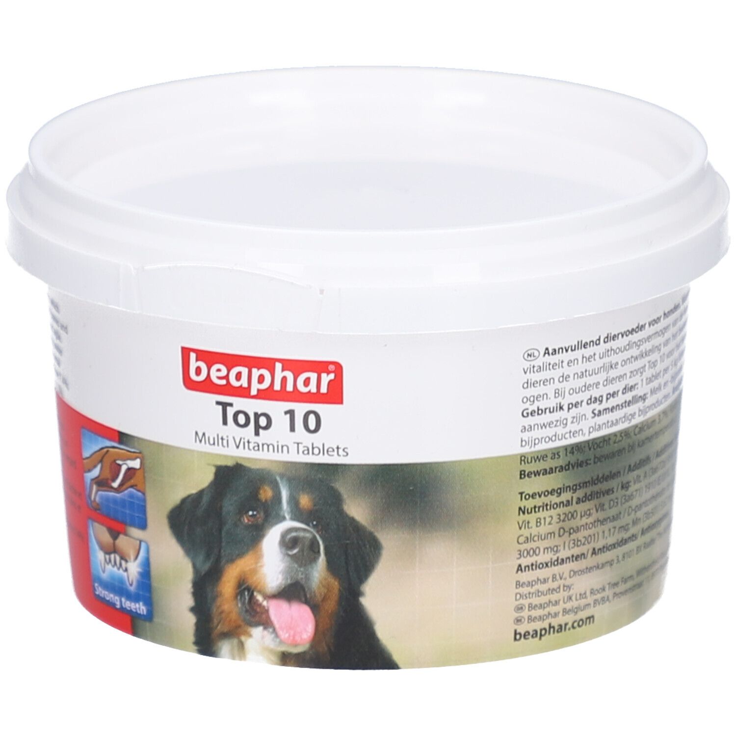 Weißer Behälter mit Deckel. Aufschrift: Beaphar Top 10 Multi Vitamin Tablets. Bild eines Hundes.