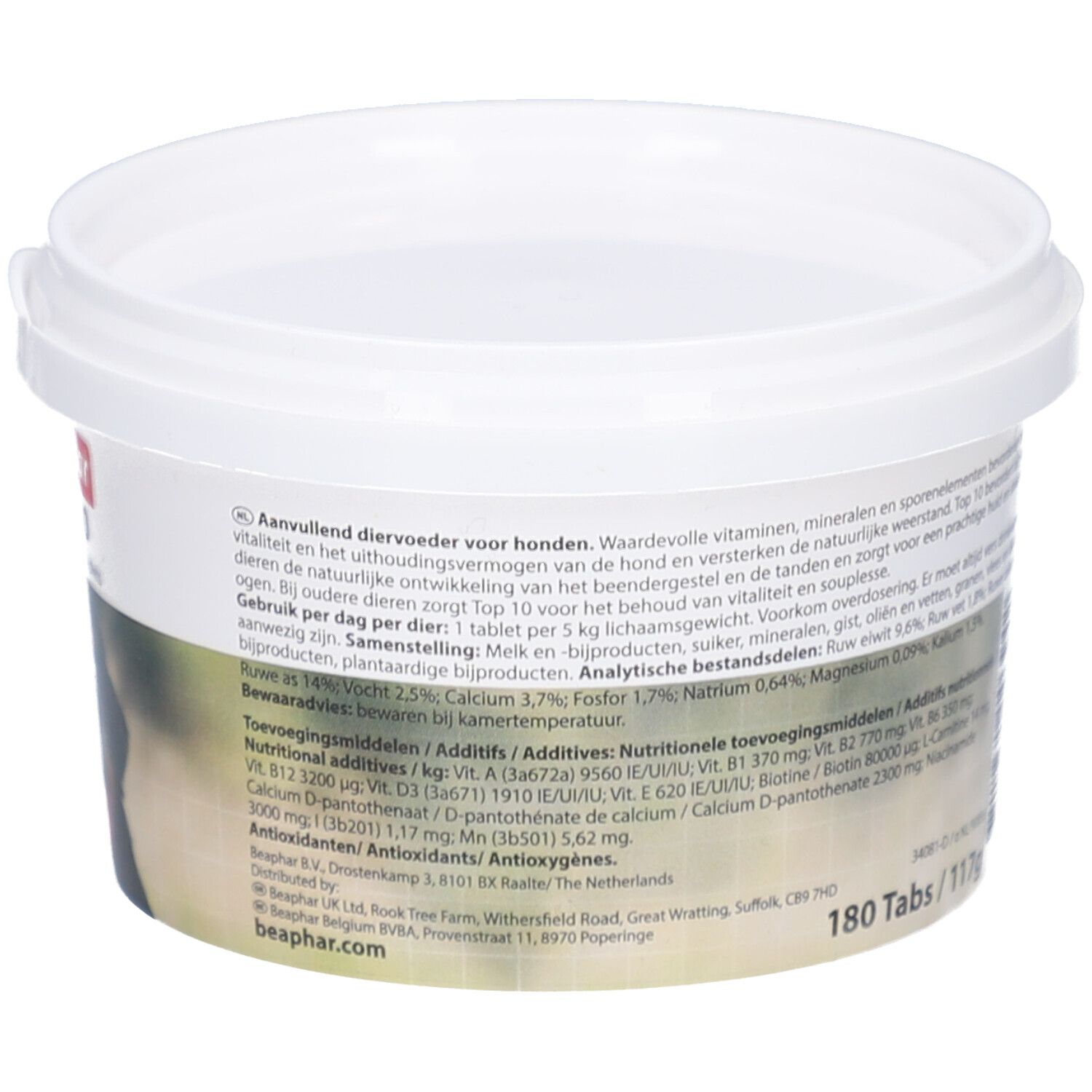 Weißer Behälter mit Deckel. Aufschrift: 180 Tabs / 117g. Enthält Informationen über das Produkt.