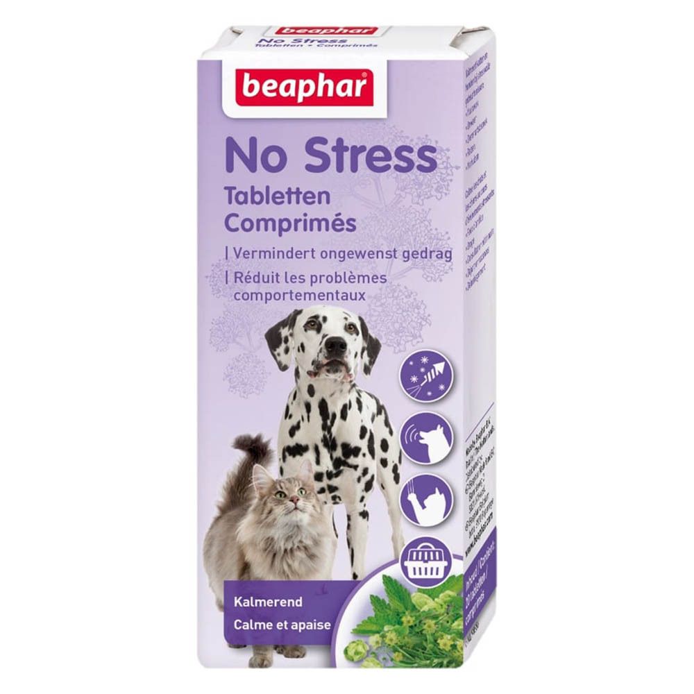 Emballage Beaphar No Stress. Illustration chien dalmatien, chat et plantes. Texte: No Stress, comprimés, Kalmerend, Calme et apaise.