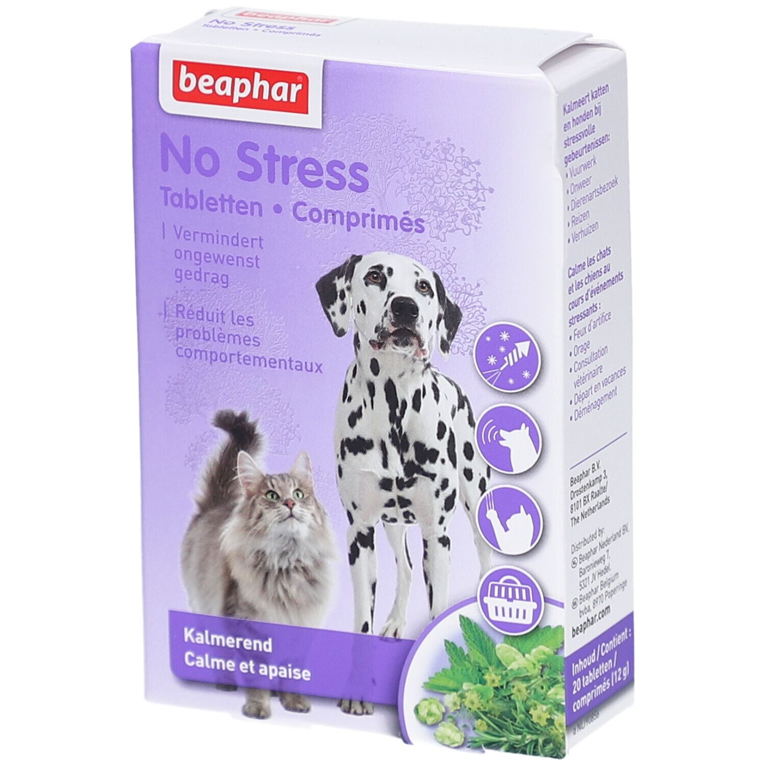 Lila Karton mit Beaphar No Stress Tabletten. Dalmatiner, Katze und Kräuter-Illustrationen. Text: Kalmerend, Calme et apaise.