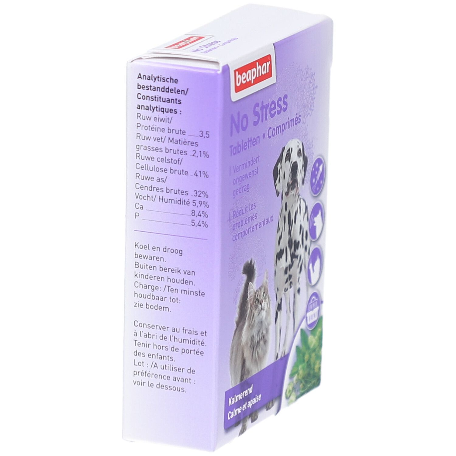 Seitenansicht der Beaphar No Stress-Verpackung. Text: Analytische Bestandteile, Inhaltsstoffe, Kühl und trocken lagern.