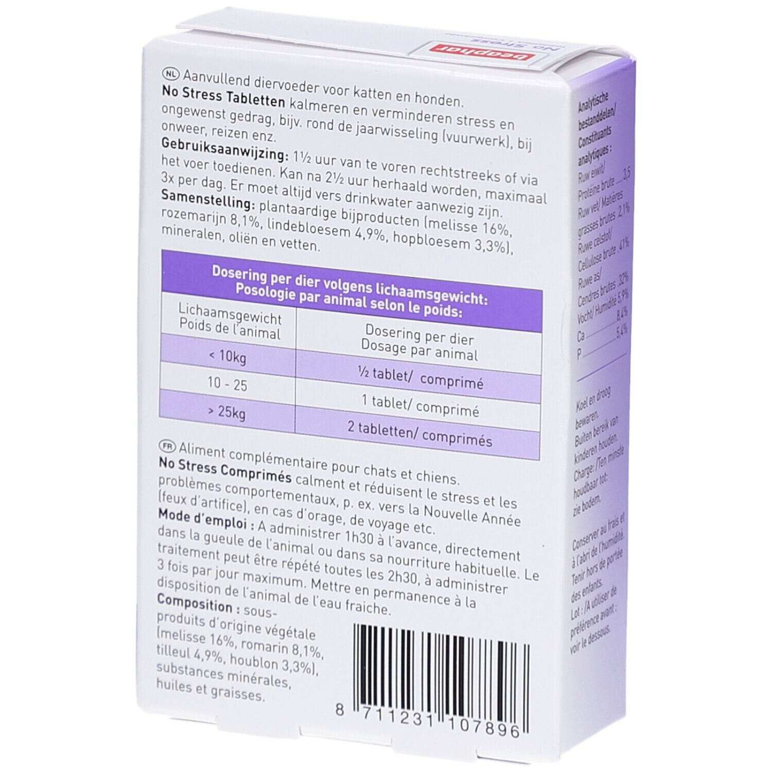 Rückseite der Beaphar No Stress-Verpackung. Text: Dosierung, Zusammensetzung, Gebrauchsanweisung, Barcode.