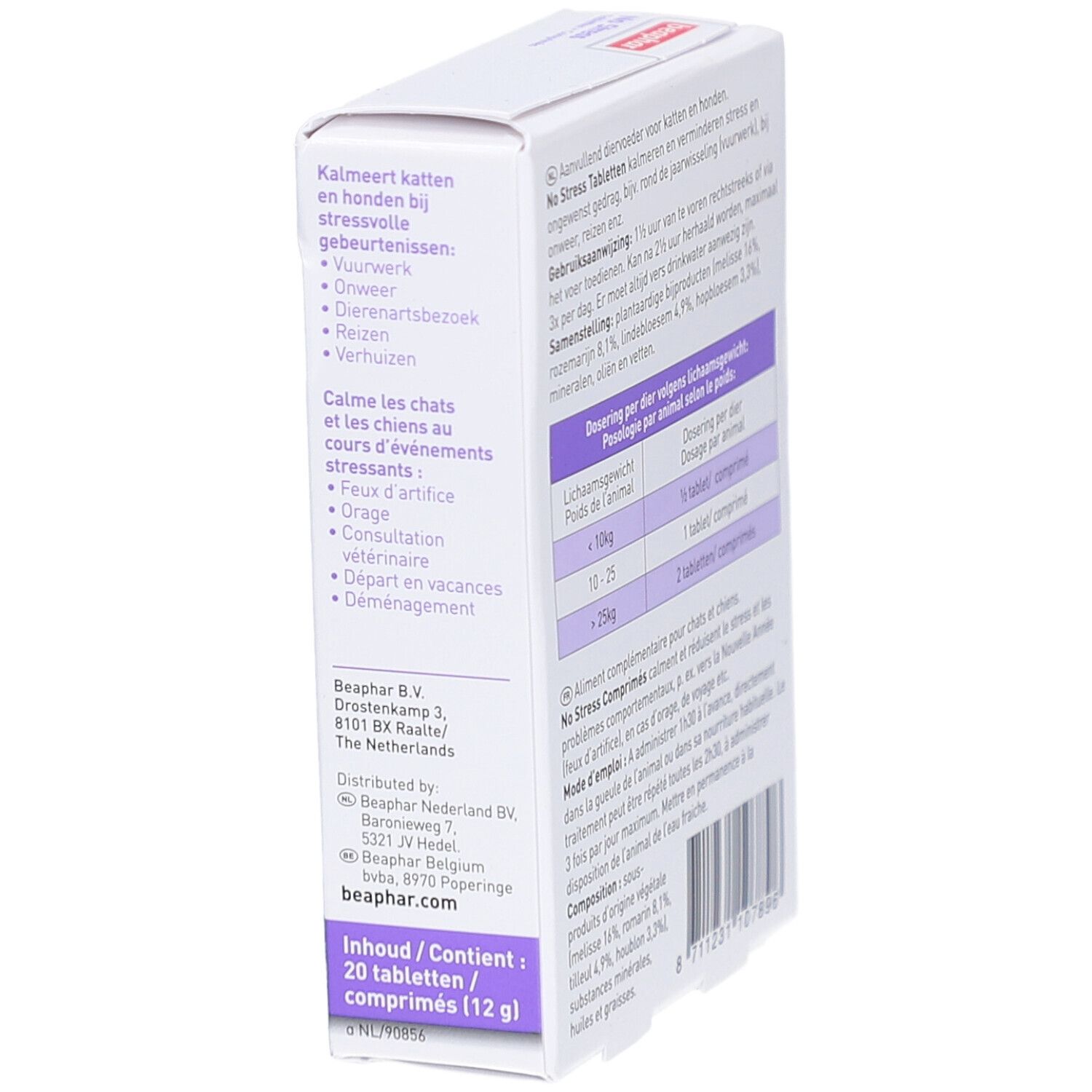 Seitenansicht der Beaphar No Stress-Verpackung. Text: Kalmerend, Calme et apaise, Inhaltsstoffe, 20 Tabletten.