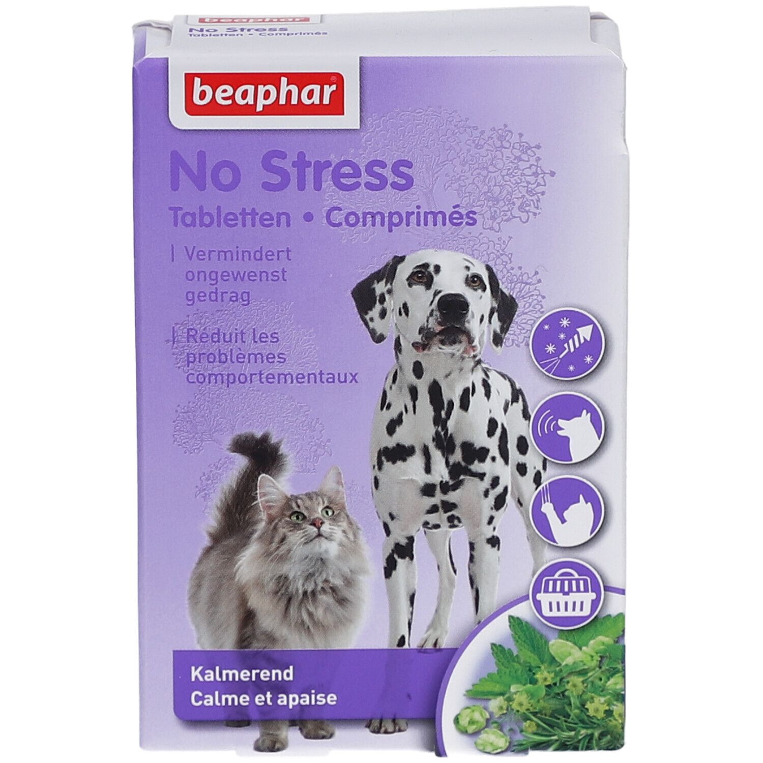 Beaphar No Stress-Verpackung. Dalmatiner, Katze und Kräuter-Illustrationen. Text: No Stress, Tabletten, Kalmerend, Calme et apaise.
