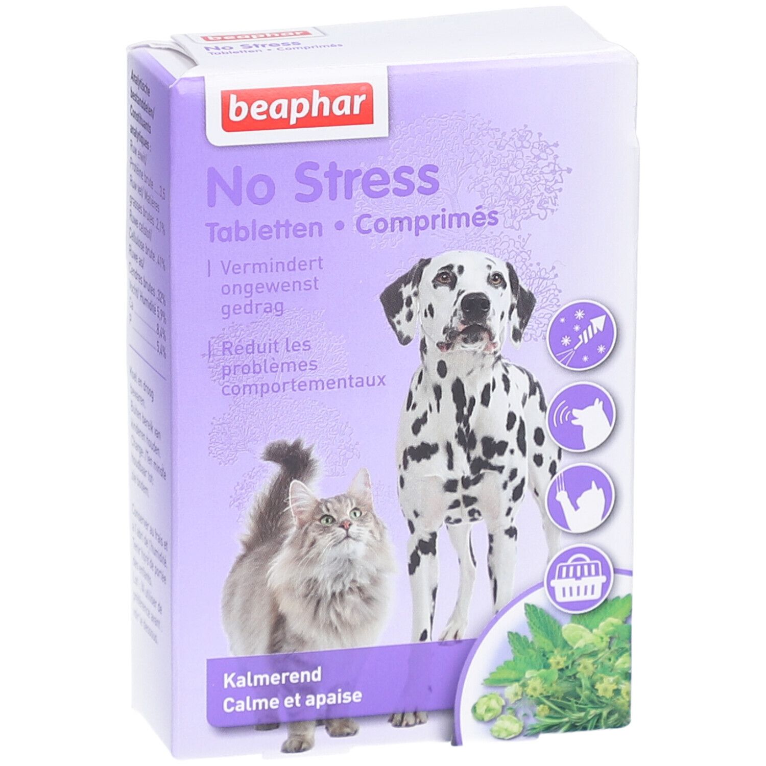 Beaphar No Stress-Verpackung. Dalmatiner, Katze und Kräuter-Illustrationen. Text: No Stress, Tabletten, Kalmerend, Calme et apaise.