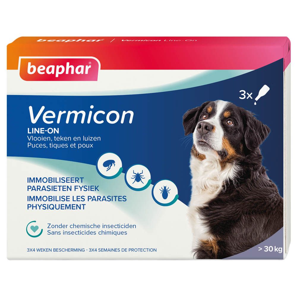 Boîte de beaphar VERMICON Line-on. Contient 3 pipettes pour chiens >30 kg. Image d'un chien.