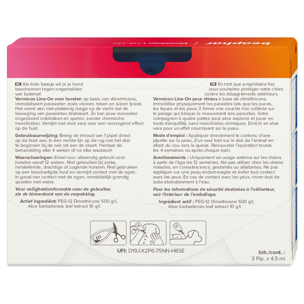 Dos de la boîte de beaphar VERMICON Line-on. Texte en allemand et français. Contient 3 pipettes.