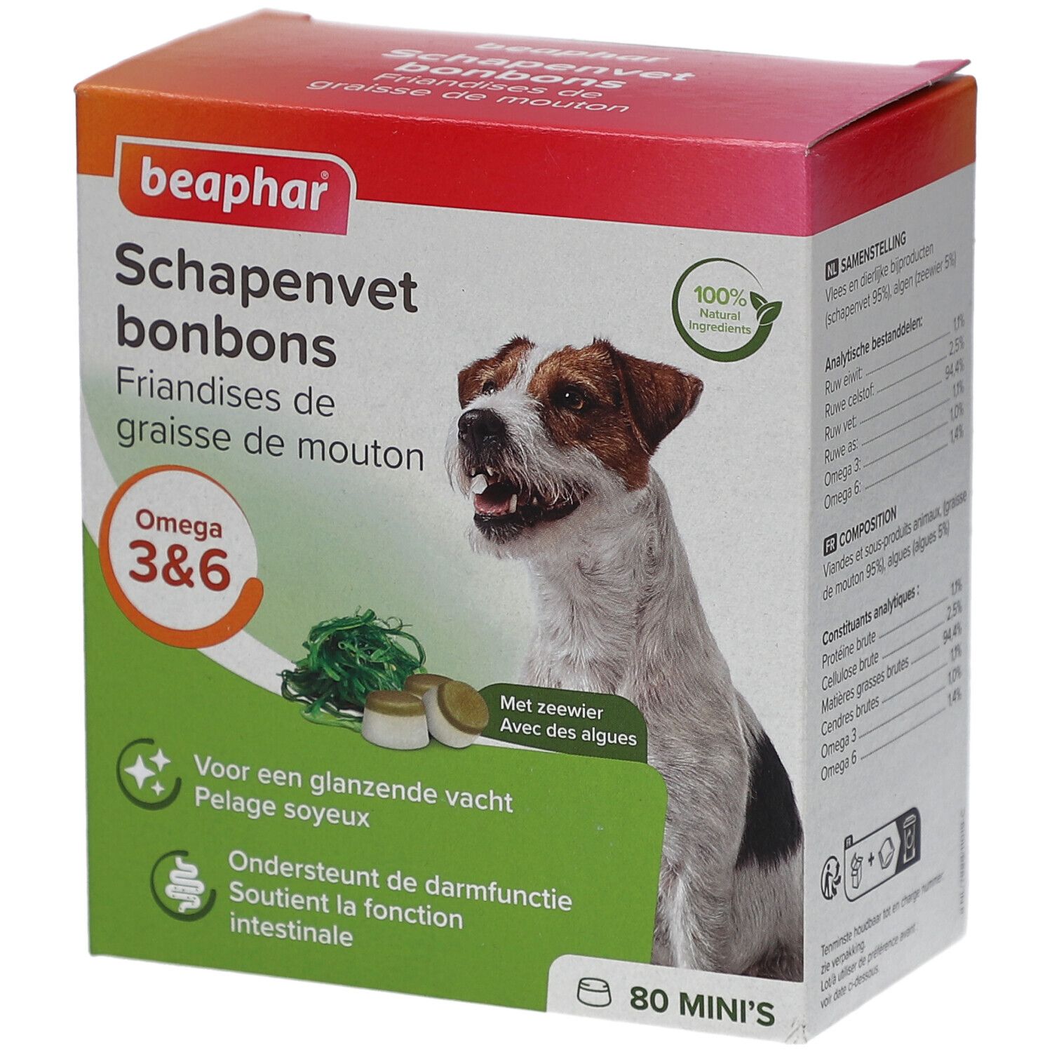 Beaphar Schapenvet bonbons. Verpackung mit Hund, Algen und Bonbons. Omega 3&6. 80 Mini's. Für glänzendes Fell und Darmfunktion.