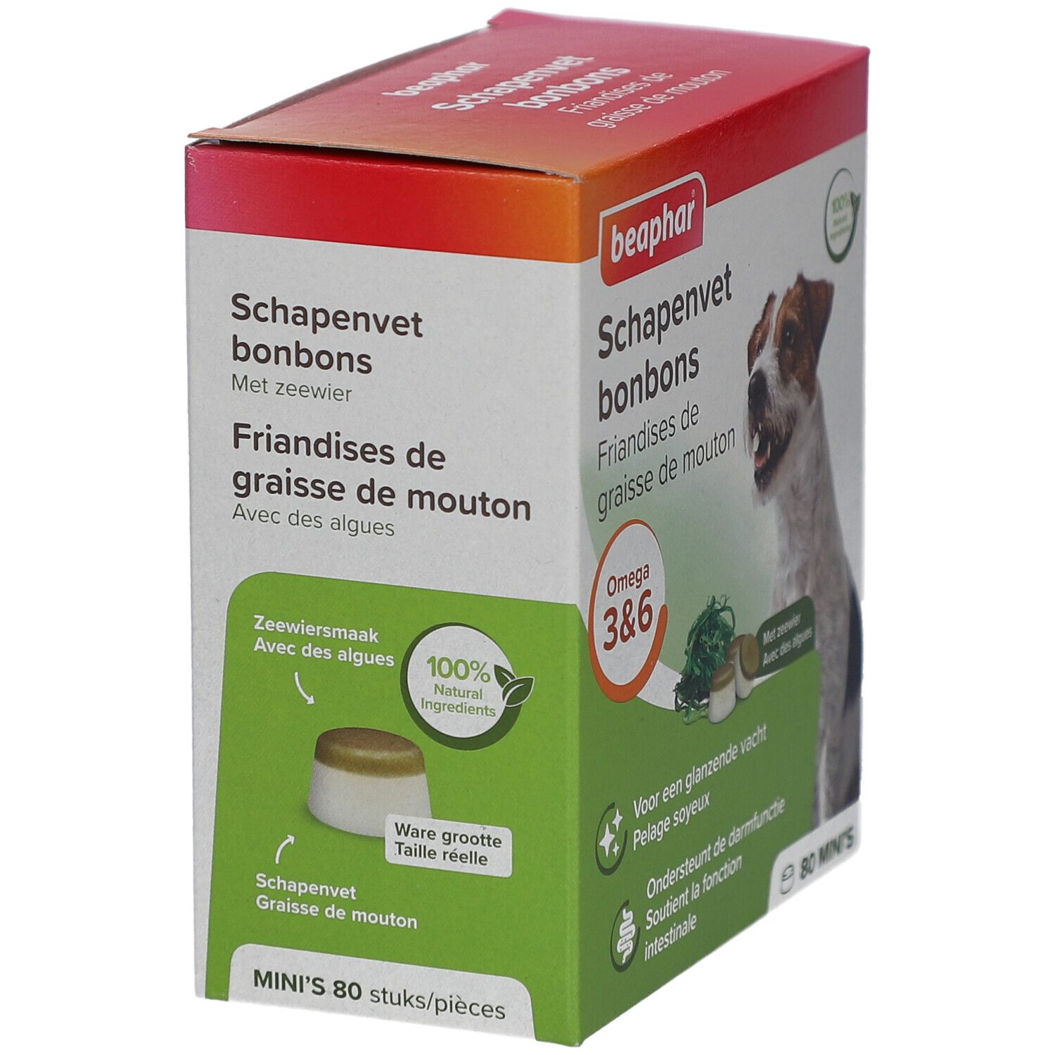 Beaphar Schapenvet bonbons Verpackung. Hund, Algen und Bonbons. Omega 3&6. 80 Mini's. Für glänzendes Fell und Darmfunktion.