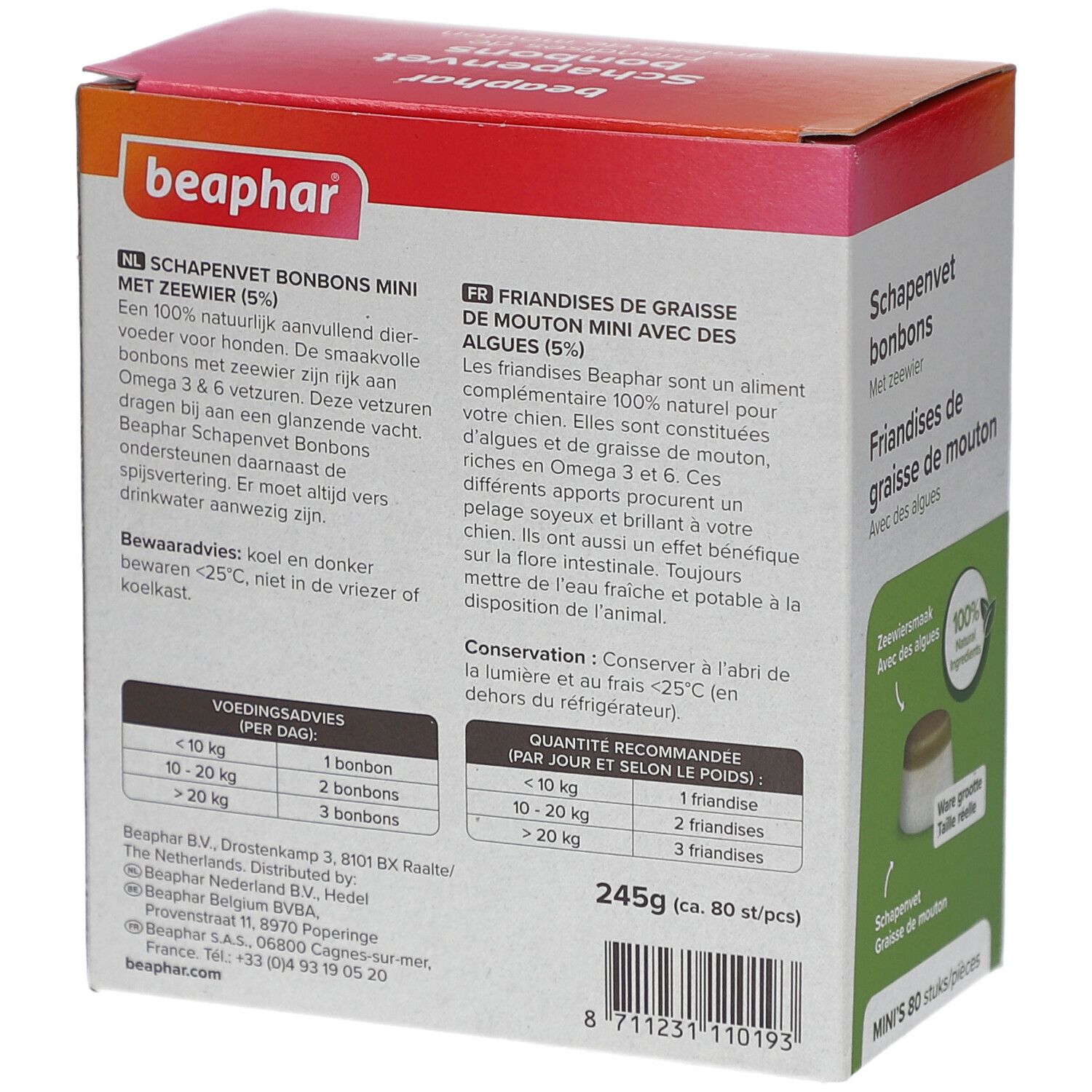 Rückseite der Beaphar Schapenvet bonbons Verpackung. Text in Niederländisch und Französisch. Dosierungstabelle. 245g (80 st/st).
