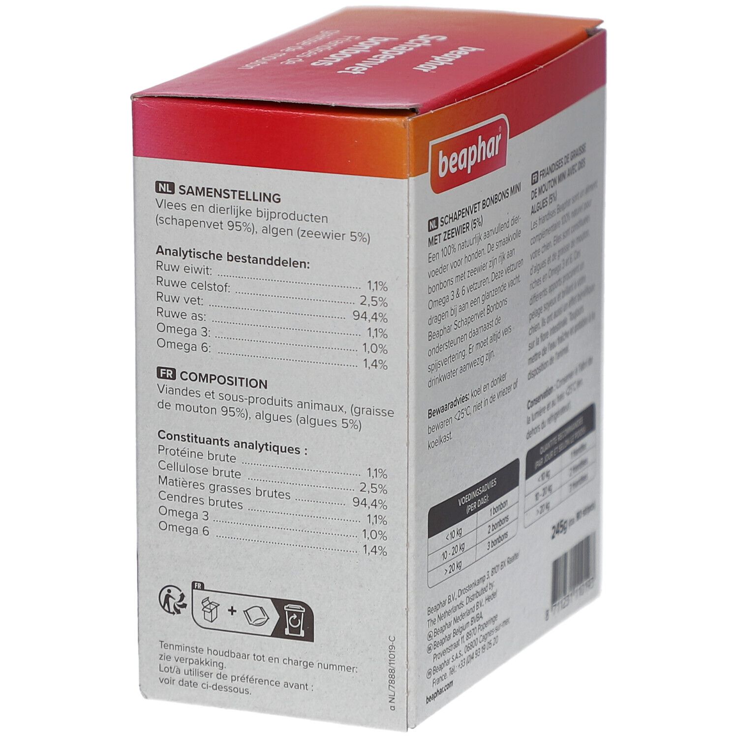 Rückseite der Beaphar Schapenvet bonbons Verpackung. Zusammensetzung und Analyse. Text in Niederländisch und Französisch. 245g.