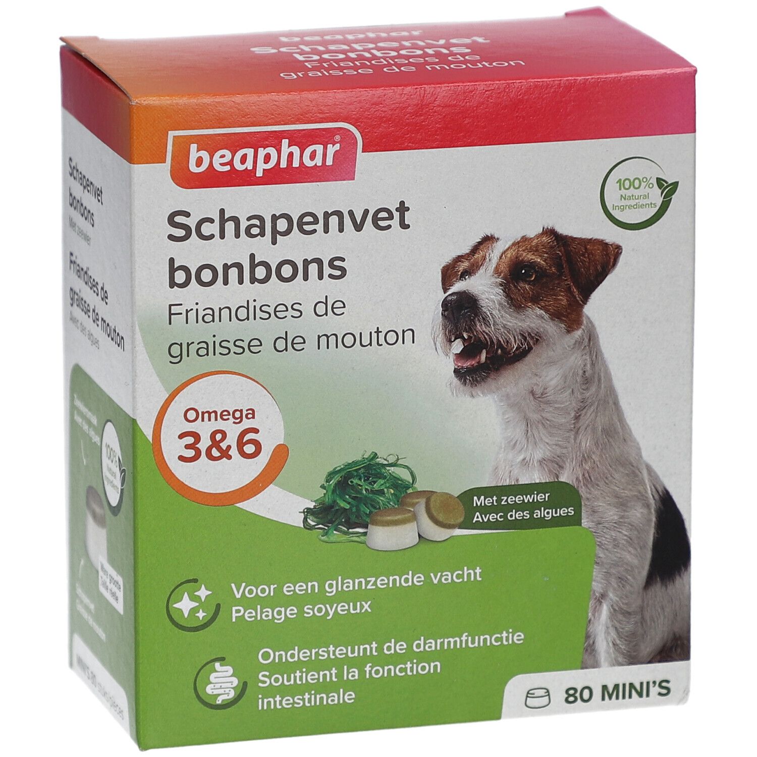 Beaphar Schapenvet bonbons Verpackung. Hund, Algen und Bonbons. Omega 3&6. 80 Mini's. Für glänzendes Fell und Darmfunktion.