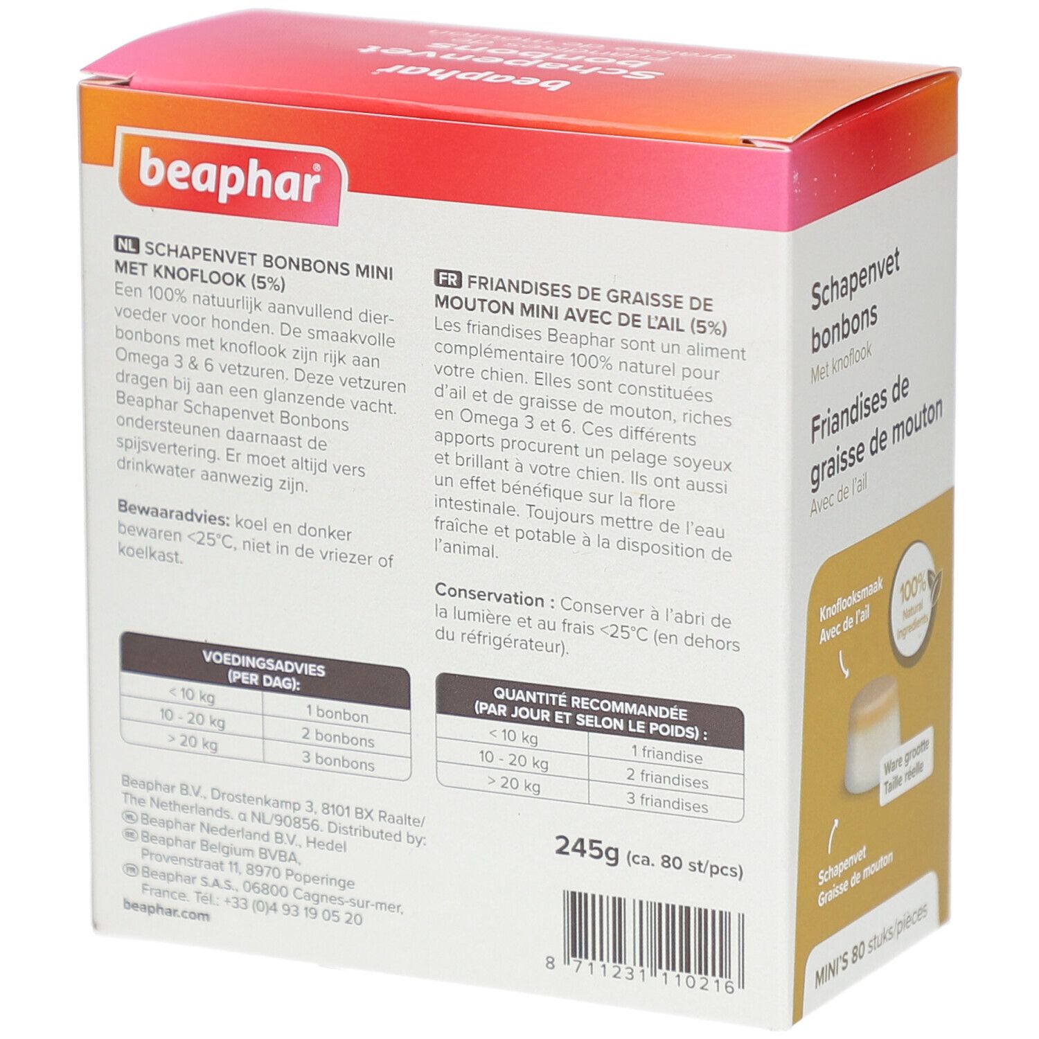 Rückseite der Beaphar Schapenvet bonbons Packung. Inhaltsstoffe, Dosierung, Warnhinweise.