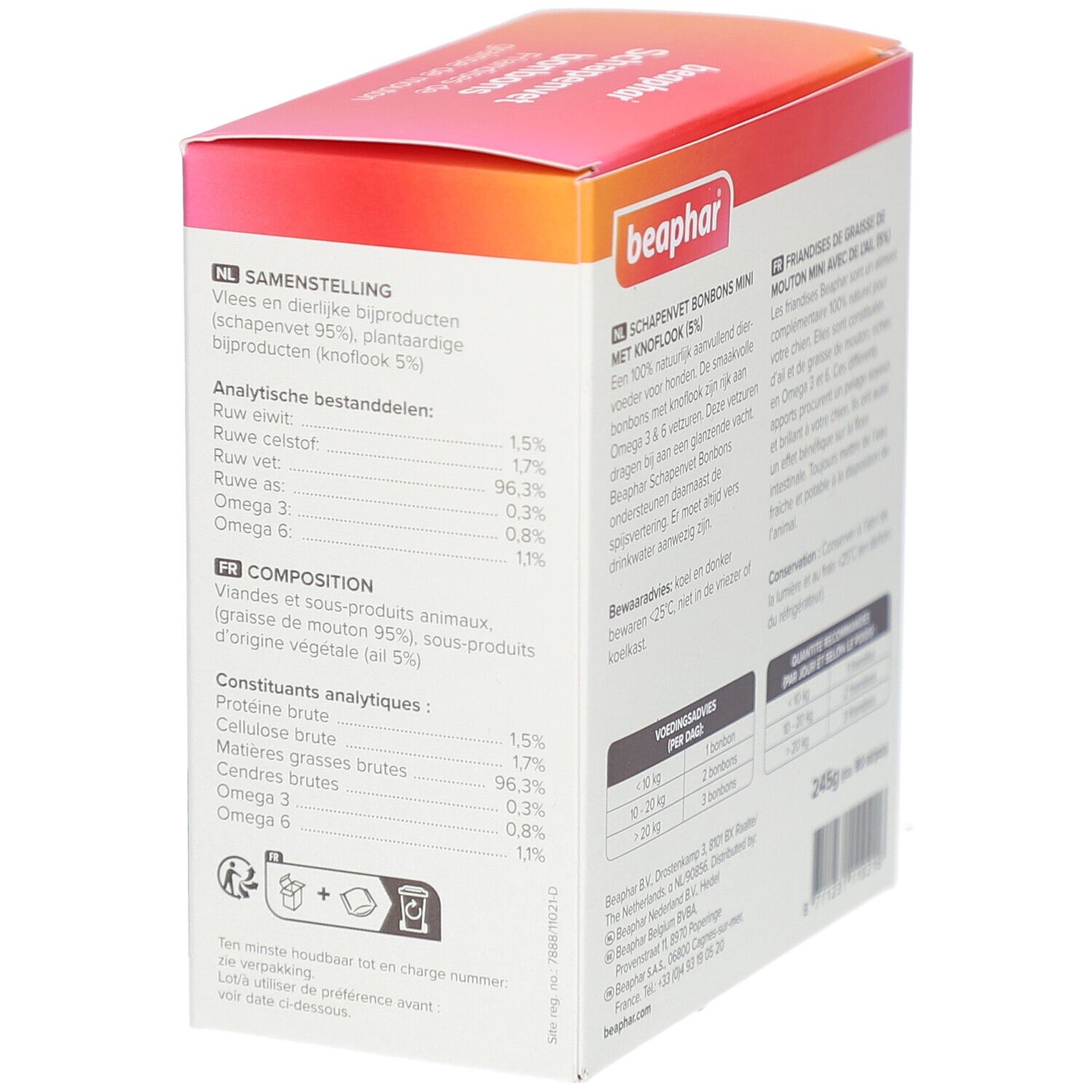 Rückseite der Beaphar Schapenvet bonbons Packung. Inhaltsstoffe, Dosierung.