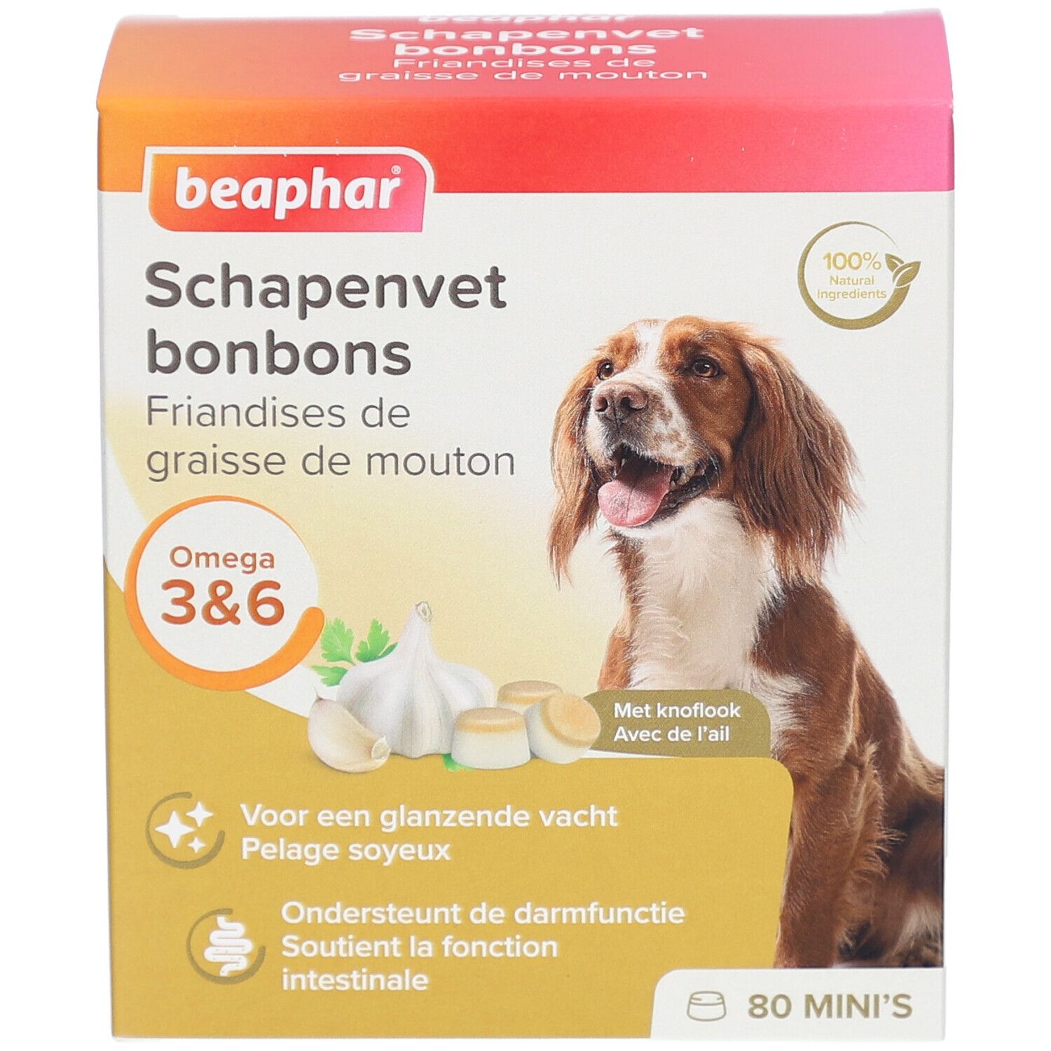 Beaphar Schapenvet bonbons. Verpackung mit Hund, Knoblauch und Omega 3&6. 80 Mini-Bonbons.