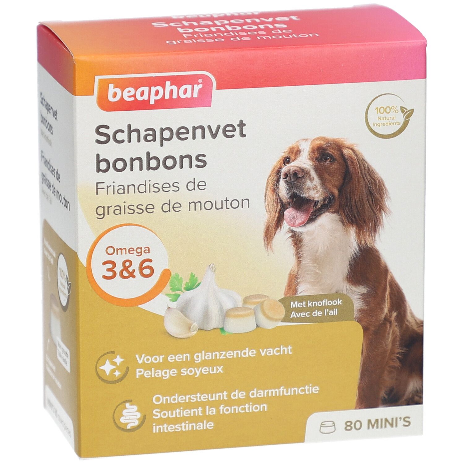 Beaphar Schapenvet bonbons. Verpackung mit Hund, Knoblauch und Omega 3&6. 80 Mini-Bonbons.