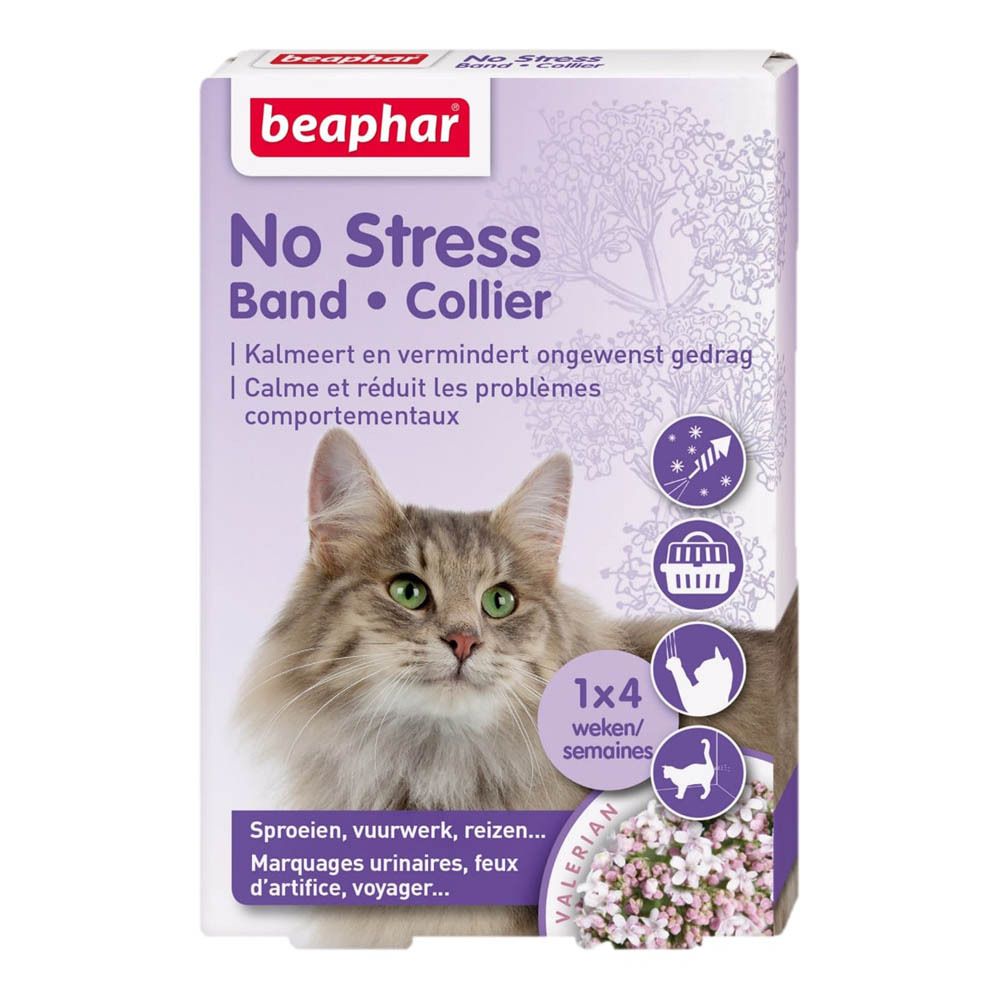 Boîte Beaphar No Stress Band. Image de chat. Texte: Calme et réduit les problèmes comportementaux.
